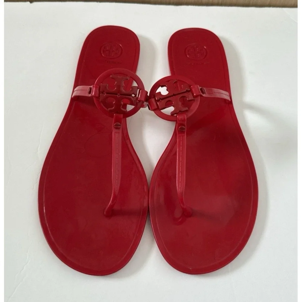 Tory Burch Women's Mini Miller Jelly Thong Sandals Flip Flops Size 11 Red Logo - Picture 1 of 7